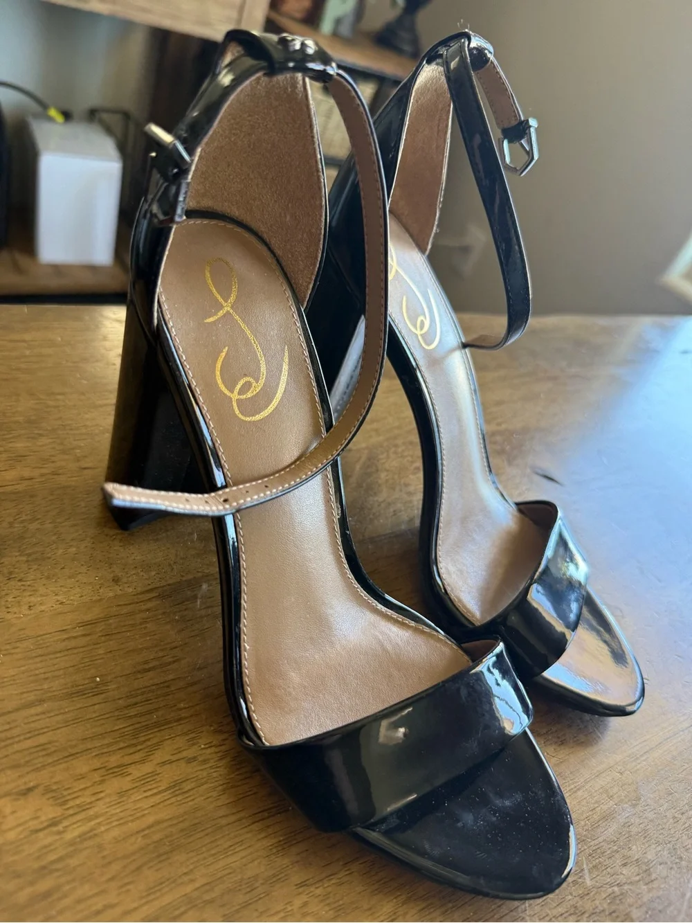 Sam Edelman Black Patent Open-Toe Ankle-Strap Heels